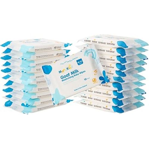 ManuKind Goat Milk Infused Baby Wipes, Ultra Gentle, 100% Bamboo Fiber, Soft Comfort for Sensitive Skin, Dermatologist Tested, Made in New Zealand, 10 Wipes x 20 Travel Pack