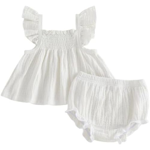 Mubineo Baby Girl Summer Clothes Cute Basic Plain Cotton Linen Ruffle Tops Dress Shorts Outfits Set Shirt Princess Outfit
