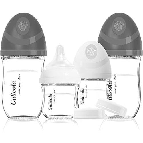 Gulicola Natural Glass Baby Bottles Set 4 Pack, Newborn Boy Breastfeeding Bottles with Slow Flow Nipples, 0 Months+, 3 oz & 5 oz - Black/White