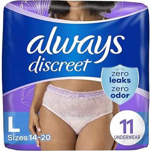 Always Discreet Adult Incontinence Underwear for Women and Postpartum Underwear, Size L, Up to 100% Bladder Leak Protection, 11 Count