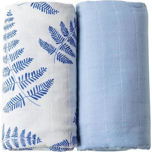 Margaux & May Organic Muslin Baby Swaddle – 100% Organic Cotton, Large 47” x 47” Newborn Swaddle, Soft & Breathable Muslin Swaddle Blanket, Blue Fern and Classic Blue