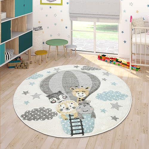 Paco Home Kids Rug with Cute Animals on a Hot Air Balloon Ride in Pastel, Size: 4' Round