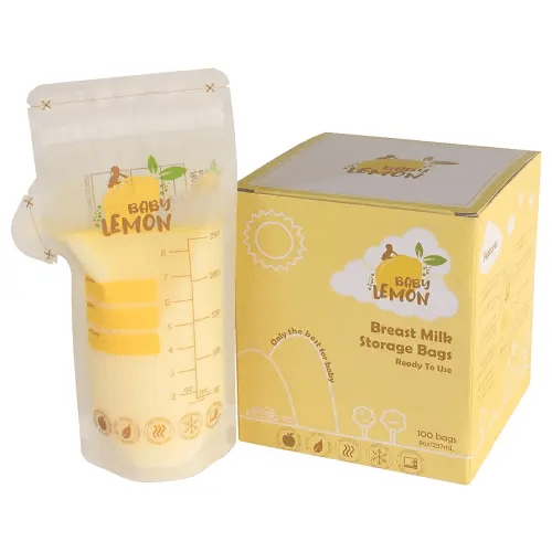 Baby Lemon Breast Milk Storage Bags with Spout - 8 oz, 100 Bags, Extra Thick, Leak Proof, Pre-sterilized, Ready to Use, BPA Free, Easy Write Material
