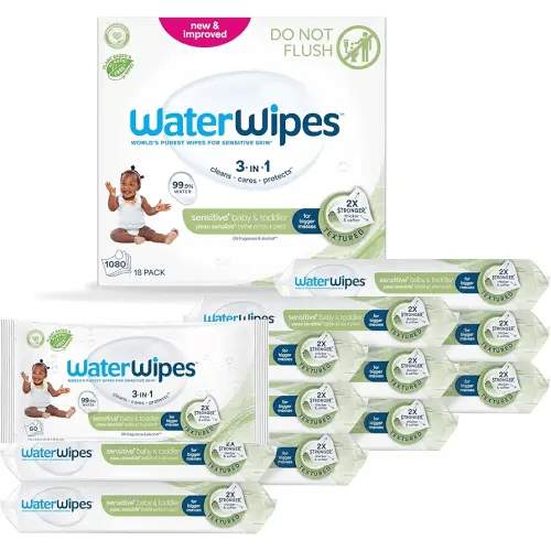 WaterWipes Sensitive+ Baby & Toddler Wipes, 3-In-1 Cleans, Cares, Protects, 99.9% Water, Textured Clean, Unscented & Hypoallergenic, 1080 Count (18 Packs)