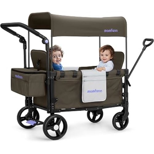 MOMFANN Wagon Stroller for 2 Kids, All-Terrain Foldable Baby Wagon with Adjustable Push & Pull Handle, 5-Point Harness, Removable Canopy, Footwell & Large Storage Bag-Brown