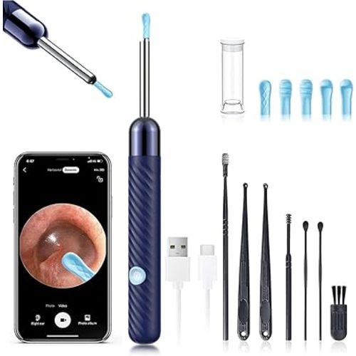 LEIPUT Ear Wax Removal - Earwax Remover Tool with 8 Pcs Ear Set - Ear Canal Cleaner with 1080P Camera - Ear Cleaning Kit with 6 Ear Spoon - Ear Camera for iOS & Android (Navy Blue)