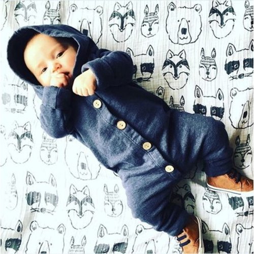 100%Cotton Newborn Baby Boy Girl Kids Cotton Hooded Romper Jumpsuit Clothes Outfit - armygreen
