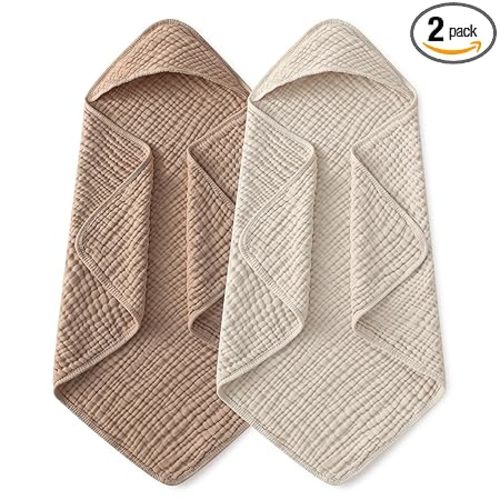 Yoofoss Hooded Baby Towels for Newborn 2 Pack 100% Muslin Organic Cotton Baby Bath Towel with Hood for Babies, Infant, Toddler and Kids, 32x32Inch, Soft and Absorbent Newborn Essential, Beige&Coffee