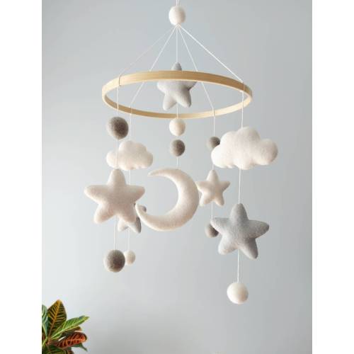 Gender Neutral Baby Crib Mobile, Wool Balls Nursery Hanging Decor, Moon and Stars Baby Mobile