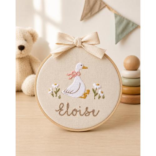 Baby name sign embroidered with storybook goose and florals, Nursery Wall Decor Custom Baby Ornament Baby Shower Gift, Gift for Newborn