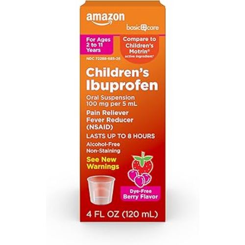 Amazon Basic Care Children's Ibuprofen Oral Suspension Syrup 100 mg per 5 mL, Pain Reliever and Fever Reducer (NSAID), Non-Staining Dye-Free Berry Flavor, 4 fl oz (Pack of 1)