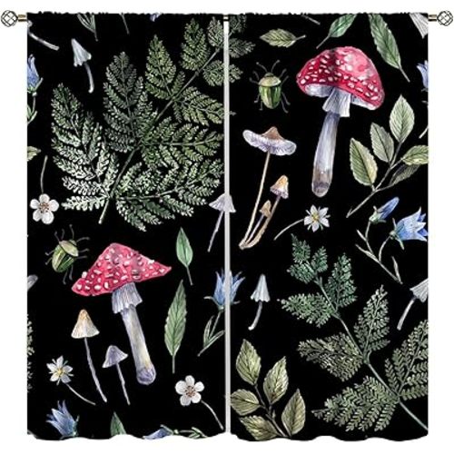 Mushroom Blackout Curtain Colorful Cartoon Abstract Illustration Printed Curtain Herbal Home Decor Seamless Pattern Living Room Bedroom Kitchen Noise Reduction Curtain 42x45 Inch 2 Panels