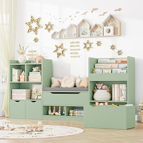 FOTOSOK 72” Kids Bookshelf with Reading Nook, Large Toy Storage Organizer with Seat Cushion and 3 Movable Drawers, Kids Reading Nook Toy Organizers and Storage with Bench for Living Room, Green