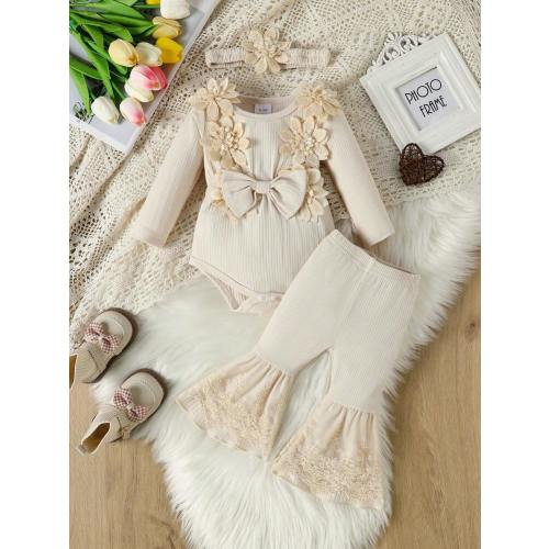 3pcs Baby Girls Set: Adorable 3D Floral Ruffle Collar Romper + Comfortable Lace Trim Flared Pants + Decorative Headband | SHEIN
