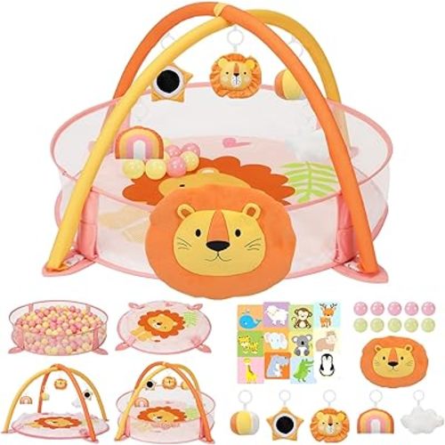7-in-1 XL Large Baby Play Gym Mat, Tummy Time Mat, Baby Gym & Ball Pit, Baby Activity Mat with Milestone Cards & 6 Detachable Toys for Sensory Motor Skill, Lion