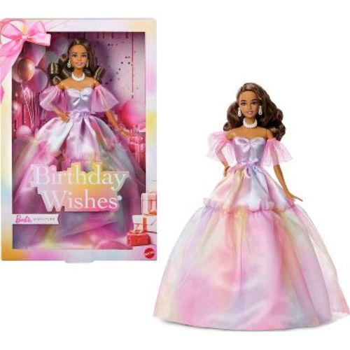 Barbie Signature Birthday Wishes Fashion Doll with Brunette Hair in Dress with Pastel Rainbow Effect