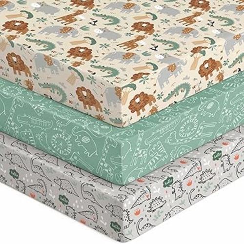 Baby Crib Sheets for Boys Girls, 28x52x8in Fitted Crib Sheet Neutral 3 Pack for Standard Crib and Toddler Mattress, Breathable Soft Microfiber Baby Sheet Green & Apricot Lion