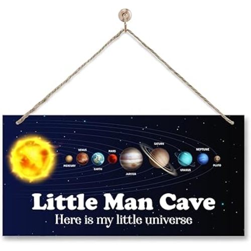 Little Man Cave Sign - Astronaut Decor for Toddler Boys Room - Wooden Plaque with Hanging Rope