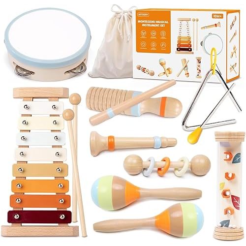 Toddler Musical Instruments Sets, Montessori Wooden Percussion Educational Baby Musical Toys Xylophone Maracas Tambourine for 2 3 4 Year Old, 18 Months Gifts for Baby Boys Girls Kids