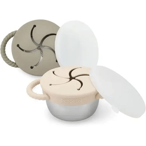 PandaEar 2 Pack Stainless Steel Toddler Snack Cups, Spill Proof Snack Containers with Silicone Food Catcher & Handles, 9 oz Baby Snack Cup Holder with Lid for Kids, Dishwasher Safe (Beige & Sage)
