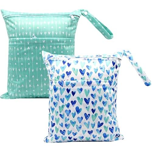 2pcs Cloth Diaper Wet Dry Bags Waterproof Reusable with Two Zippered Pockets Stroller Travel Beach Pool Daycare Soiled Baby Item Yoga Gym Bag for Swimsuits or Wet Clothes-Green Hearts