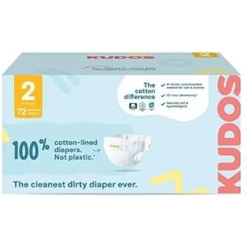 Kudos Chlorine Free Premium Diapers, 100% Cotton-Lined, Size 2, 72 Count, (6-16 lbs)