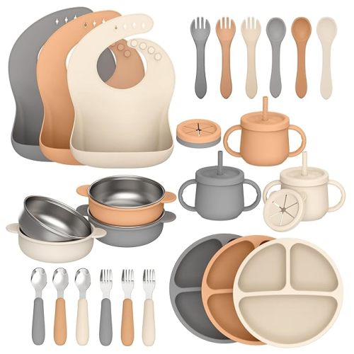 27 Pack Silicone Baby Feeding Set, Hepotk BPA-Free Food Grade Baby Feeding Essentials Utensils, Second Stage Baby Food Eating Utensils, Set of 3 babies((Brown, Beige, Grey)