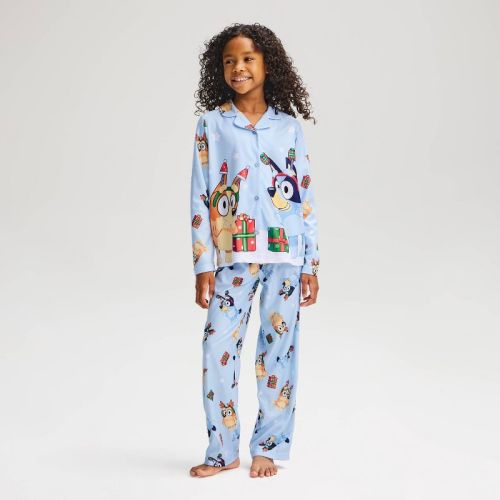 Girls' Bluey Holiday Long Sleeve Button-Down 2pc Pajama Set - Blue XS