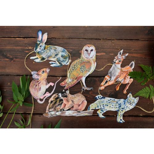 Woodland animals illustrated paper garland - owl, rabbit, bobcat, deer, mouse, and squirrel forest creatures banner -