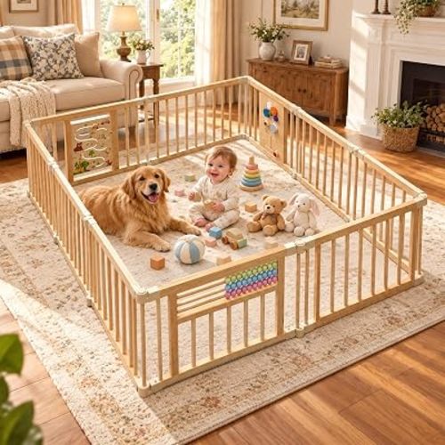 Foldable Wooden Playpen 95×63×24 Inch Play Yard for Babies and Toddlers