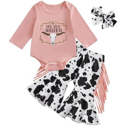Kayotuas Western Baby Girl Clothes Summer Cowgirl Outfit Short Sleeve Romper Bow Boots Cow Print Flared Bell Bottom Pants Set