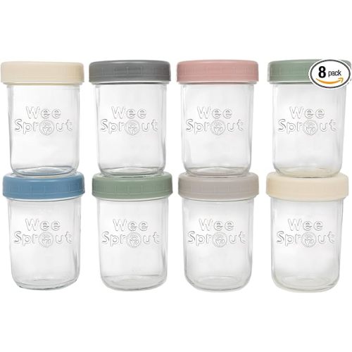 WeeSprout Glass Baby Food Storage Jars w/Lids (8 oz, 8 Pack Set) Snack, Puree, Reusable Small Containers, Breast Milk, Fridge or Freezer, Microwave & Dishwasher Safe, Essential Must Have for Infants