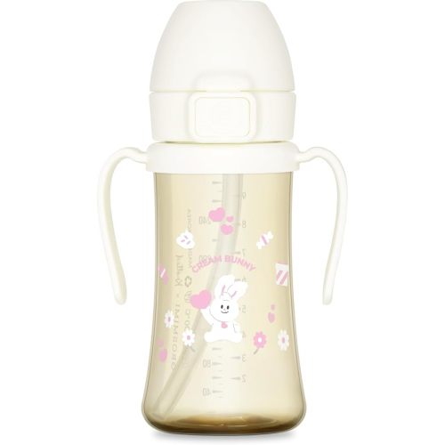 GROSMIMI PPSU Baby Straw Cup Stage 2, 12M+, Spill-Proof, 10oz (Cream Bunny)