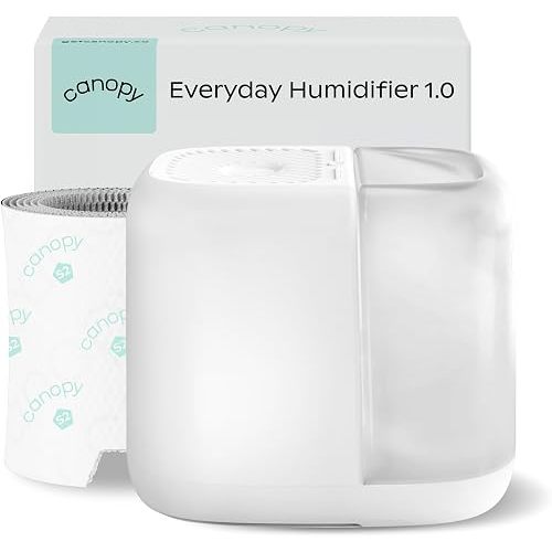 Canopy Bedside Evaporative Humidifier - 36 HR Run Time, 2.5L Capacity - No Mist - Help Alleviate Symptoms of Allergies, Flu, Cold, Dry Skin Includes Humidifier, Unwind Aroma, Filter - White