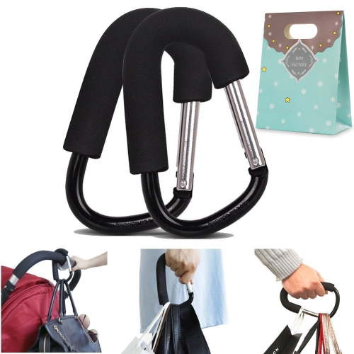 (Pack of 2) Extra Large Stroller Hooks, Mini-Factory Multi-Purpose Hanger Hooks for Diaper, Shopping Bags, Purses - Black