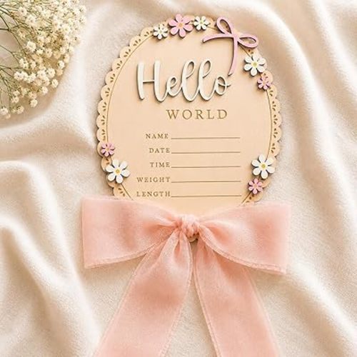 Baby Announcement Hello World Wooden Welcome Baby Sign Hello World Newborn Sign Birth Announcement Sign with Pink Bow&Daisy Welcome Baby Name Sign for Hospital Photo Prop Nursery Decor Keepsake Gift