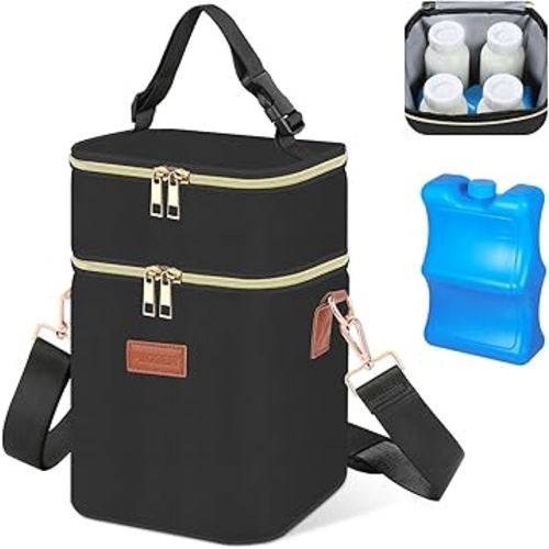 PIIOSER Baby Bottle Tote Bag with Ice Pack, Fits 4 Baby Bottles Up to 9 Ounce, Small Insulated Breastmilk Cooler Travel Bag with Shoulder Strap for Nursing & Working Mom Daycare (Black-S)