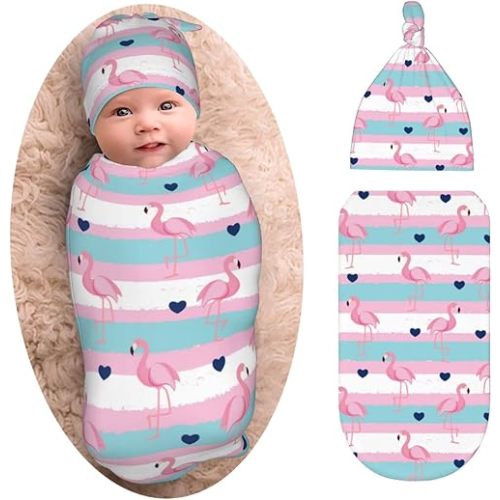Cute Retro Flamingo Baby Stuff Newborn Swaddle Blanket with Beanie Set, Soft and Stretchy Swaddling Baby Blanket Swaddle Sack for Boy and Girl