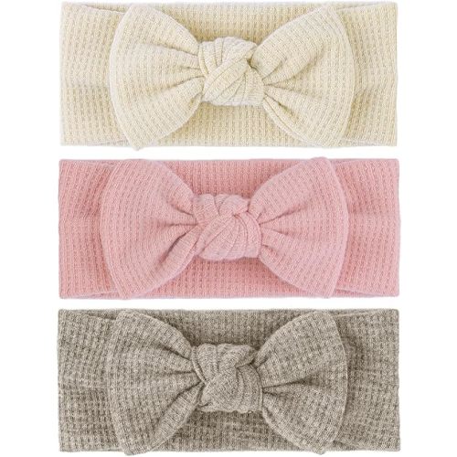 Hairband with Bows - Classic Headband Bow for Baby Girl Toddler Girls Hair Accessories, 3Pcs, Beige, Dark Khaki, Light Pink