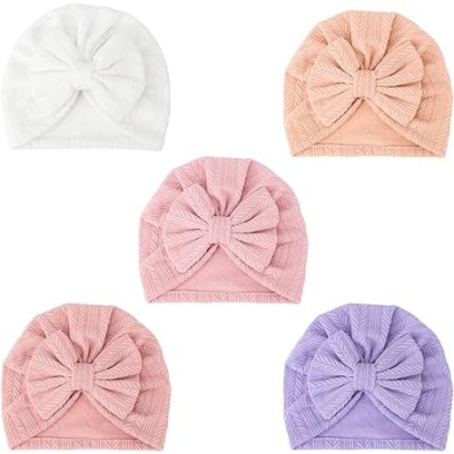DRESHOW BQUBO 5 Pieces Newborn Baby Turban Hats Bow Baby Infant Beanie Breathable Toddler Cap for Baby Girls