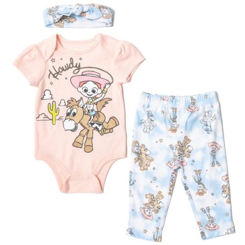 Disney Pixar Toy Story Bullseye Jessie Newborn Baby Girls Bodysuit Pants and Headband 3 Piece Outfit Set Blue/Pink 3-6 Months