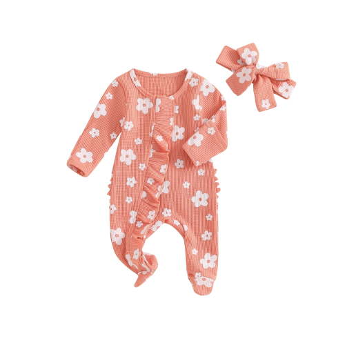 Loicainy Newborn Baby Girls Footies Romper 3 6 12 Months Long Sleeve Crew Neck Frills Zipped Floral Jumpsuit and Headband Fall Spring Clothes