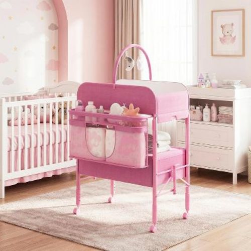 Baby Changing Table with Storage,Foldable Diaper Changing Station with 2 Baskets, Height-Adjustable Waterproof Table for Newborns & Infants, Pink