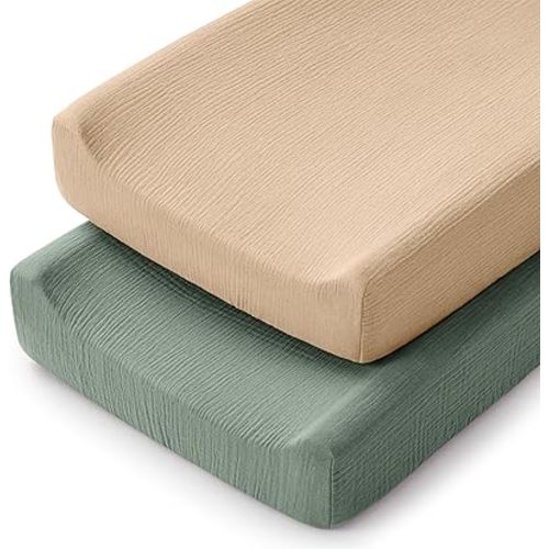 Comfy Cubs Muslin Fitted Changing Pad Cover Pack of 2, Fern and Cream - Soft, Breathable & Washable 100% Cotton Fitted Sheet for Baby's Comfort - Universal Fit for Flat & Curved Baby Changer Pad