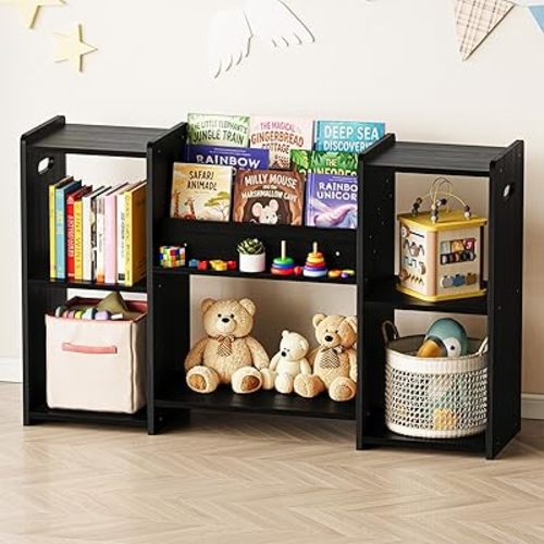 SpaceAid 6-in-1 Bookshelf Storage Organizer, Montessori Bookcase for Toddlers, Wooden Book Rack Shelf Cabinet Furniture for Kids Rooms, Playroom, Nursery and Classroom, 45.6“ Wide, Black