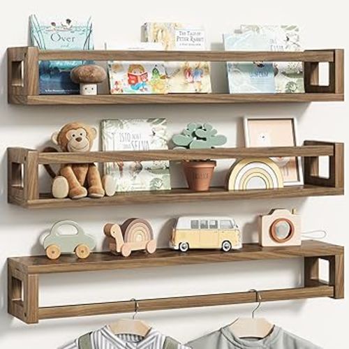 Upgraded Thick Floating Shelves - 24 Inch Multi-Use Wall-Mounted Bookshelves for Kids and Nursery, Ideal for Books, Toy, Spice Rack, Decor - Walnut Brown