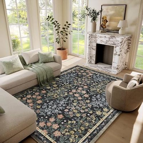 Washable Living Room Area Rug: 6x9 Area Rugs for Bedroom Vintage Stain Resistant Non Slip Low Pile Soft Lightweight Carpet Rugs for Kitchen Dining Room Farmhouse Kids Room Nursery
