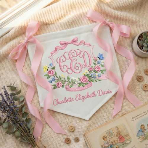 Personalized Monogram Banner, Floral Embroidered Monogram, Custom Nursery Decor, Baby Shower Banner, Wedding Banner, Gift for Baby