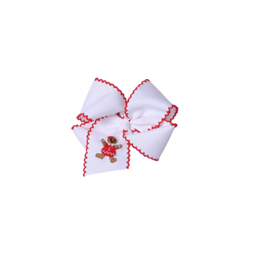 Embroidered Gingerbread Scalloped Edge Grosgrain Bow White/Red