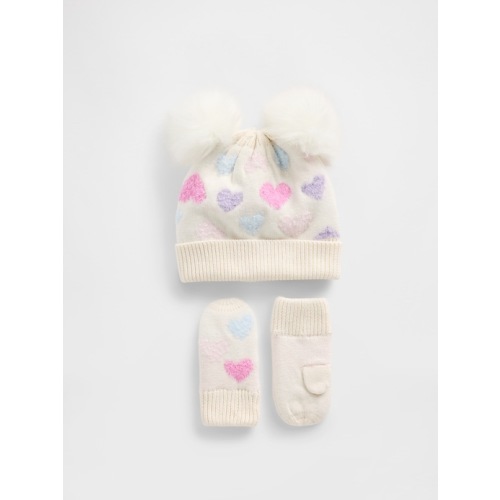 Baby & Toddler Heart Pom Beanie & Mittens Set